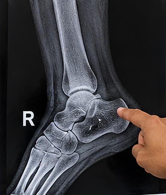 Ankle and foot X-ray film with a finger pointing to the joint during fracture assessment