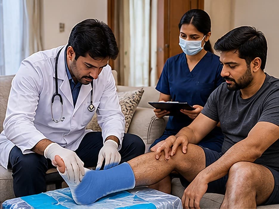 Blue fibre cast being applied to a patient's foot and ankle on a sofa at home in Delhi NCR