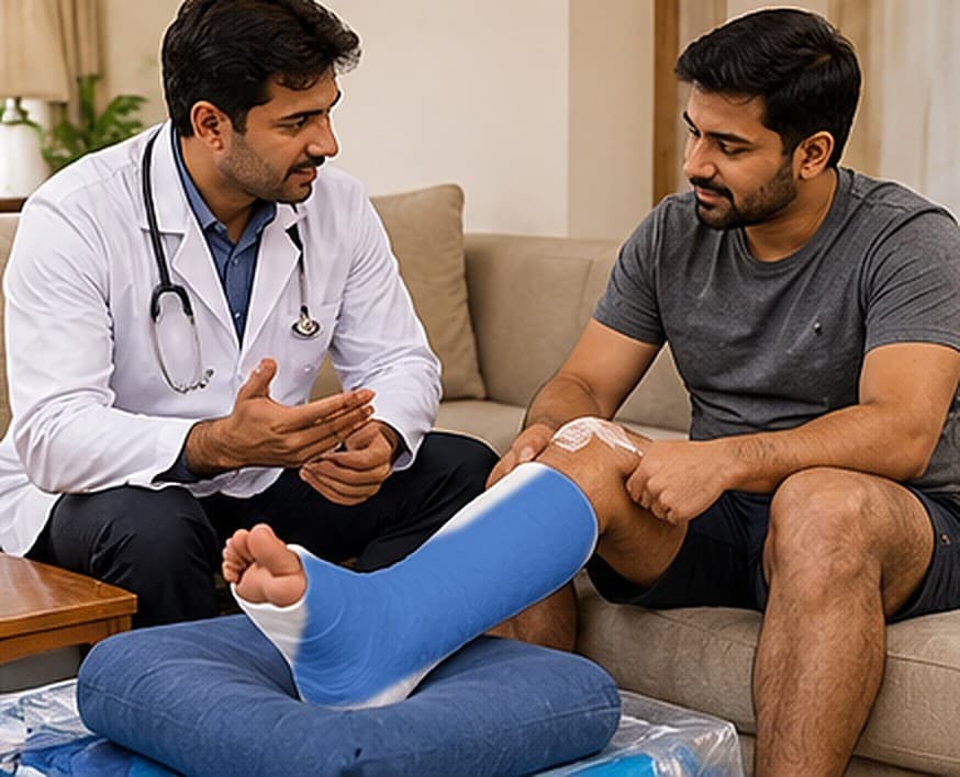 Patient with a blue fibre cast on his foot discussing recovery at home during a follow-up visit