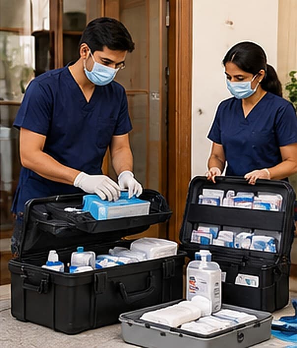 Fibre cast team opening black kits with bandages and supplies before a home visit
