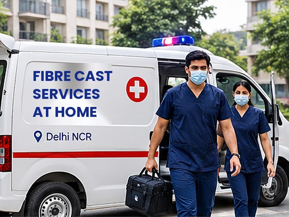 Fibre cast services at home van with two trained team members arriving for a plaster visit in Delhi NCR