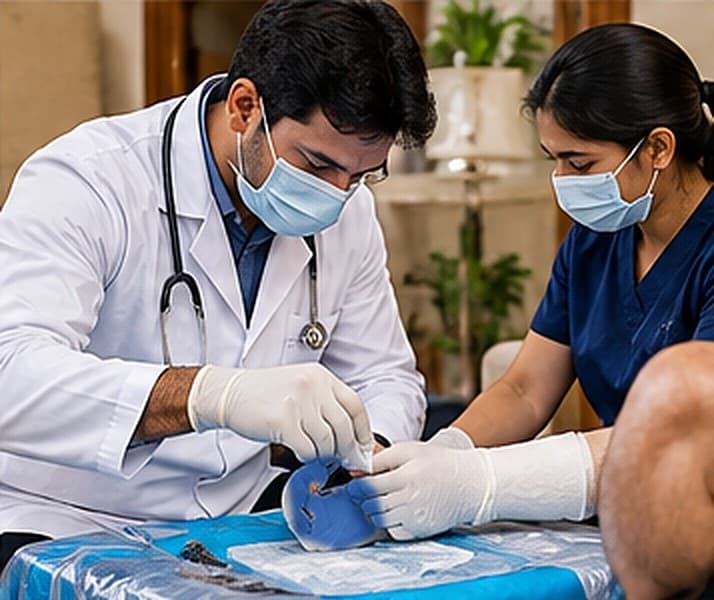 Plaster and fibre cast preparation by two team members wearing masks and gloves during care at home