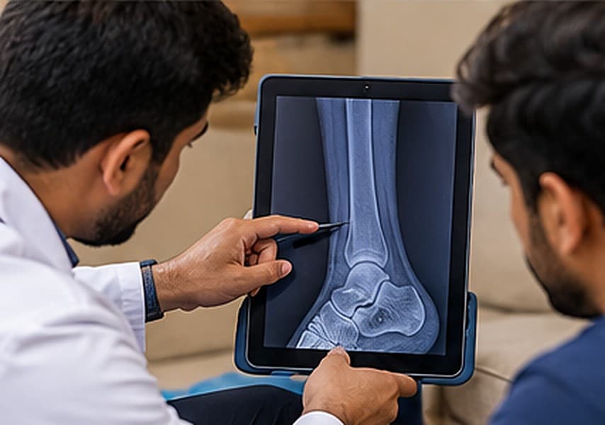 Leg fracture X-ray shown on a tablet and explained to a patient during a fibre cast home visit
