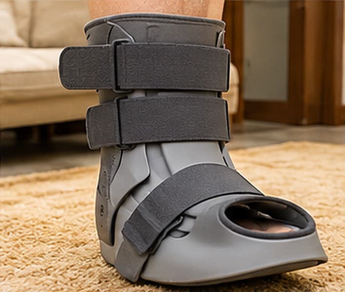 Grey walking boot with straps used for ankle and foot fracture recovery